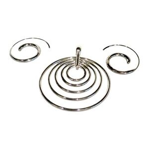 VTG Modernist Spiral Jewelry Set Silver Tone Pendant Earrings Geometric Wire Art